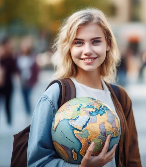 Student holding a globe, ready to study abroad